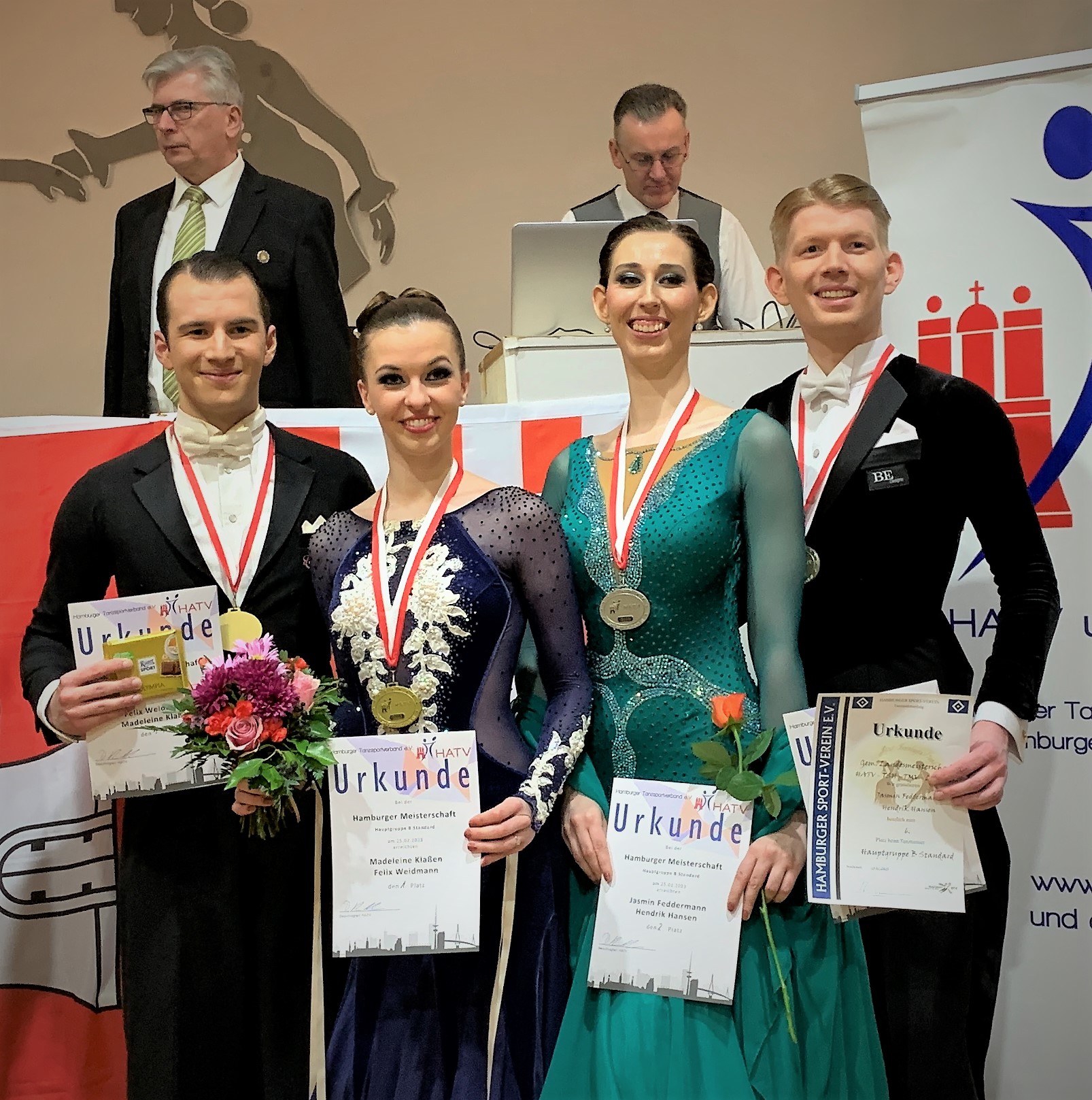 Felix Weidmann und Madeleine Klaßen (l.), Hamburger Meister HGR B, sowie Hendrik Hansen und Jasmin Feddermann, Hamburger Vizemeister HRG B